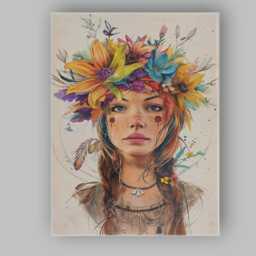 Bohemian Floral Crown Freckled Girl Watercolour Portrait Canvas Wall Art Print Decor Picture Ready To Hang - thumbnail 1