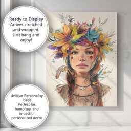 Bohemian Floral Crown Freckled Girl Watercolour Portrait Canvas Wall Art Print Decor Picture Ready To Hang - thumbnail 3