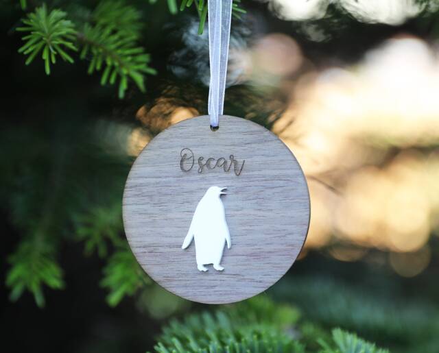 Personalised Christmas Ornament Engraved Walnut Wood Penguin Decoration - image 1