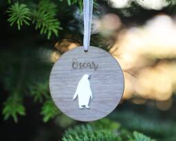 Personalised Christmas Ornament Engraved Walnut Wood Penguin Decoration