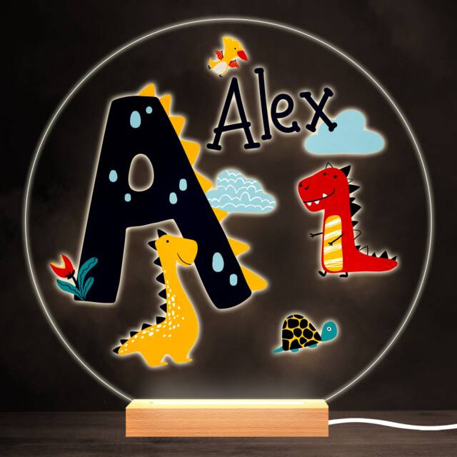 Dinosaur Alphabet Letter A Colourful Round Personalised Gift Lamp Night Light - Bedroom - image 1