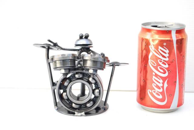 Frog Play Drum Scrap Metal Sculpture, Handmade Desk Paperweight, Valentine Gift For Her - image 1