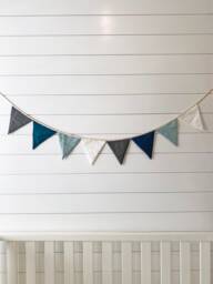 Linen Bunting Banner For Neutral Boy Nursery Decor - Party Garland - Handmade Wall Hanging Fabric Triangle Flags Baby Room - thumbnail 1