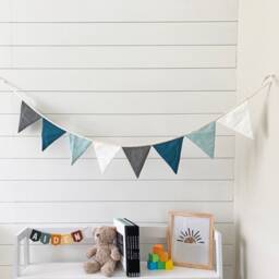 Linen Bunting Banner For Neutral Boy Nursery Decor - Party Garland - Handmade Wall Hanging Fabric Triangle Flags Baby Room - thumbnail 2