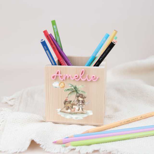 Personalized Wooden Pencil Cup, Holder Rainbow Unicorn, Christmas Gift Girl School Enrollment Schoolchild Decoration Children's Room - image 1