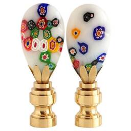 Millefiori Glass Lamp Finials On Shiny Brass Hardware - A Matching Pair Venetian Style in Milk White With Colorful Flowers - thumbnail 2