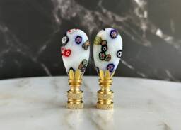 Millefiori Glass Lamp Finials On Shiny Brass Hardware - A Matching Pair Venetian Style in Milk White With Colorful Flowers - thumbnail 1