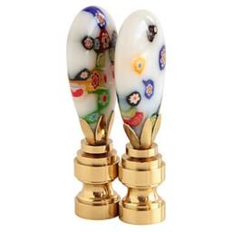 Millefiori Glass Lamp Finials On Shiny Brass Hardware - A Matching Pair Venetian Style in Milk White With Colorful Flowers - thumbnail 3