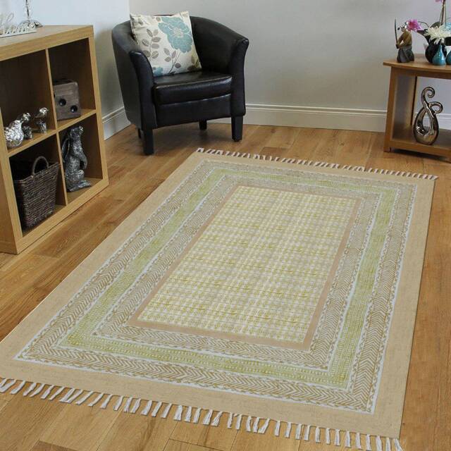 Hand Block Printed Cotton Rug Boho Flatweave Area Rug With Tassels - image 1