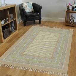 Hand Block Printed Cotton Rug Boho Flatweave Area Rug With Tassels - thumbnail 1