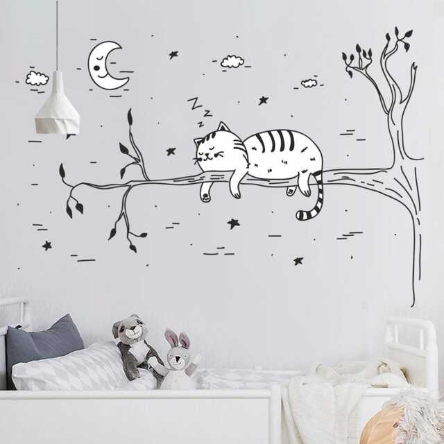 Sleeping Cat Wall Decal - On A Tree Sticker Black & White Home Decor - image 1