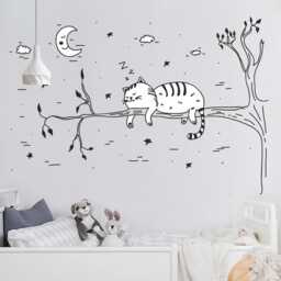 Sleeping Cat Wall Decal - On A Tree Sticker Black & White Home Decor - thumbnail 1