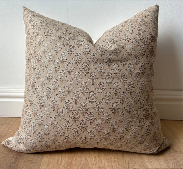Authentic Boho Floral Indian Hand Block Stamped Linen Print Pillow Cover Brown Beige Off White Available in Multiple Sizes Scandinavian - image 1