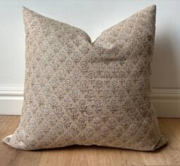 Authentic Boho Floral Indian Hand Block Stamped Linen Print Pillow Cover Brown Beige Off White Available in Multiple Sizes Scandinavian - thumbnail 1