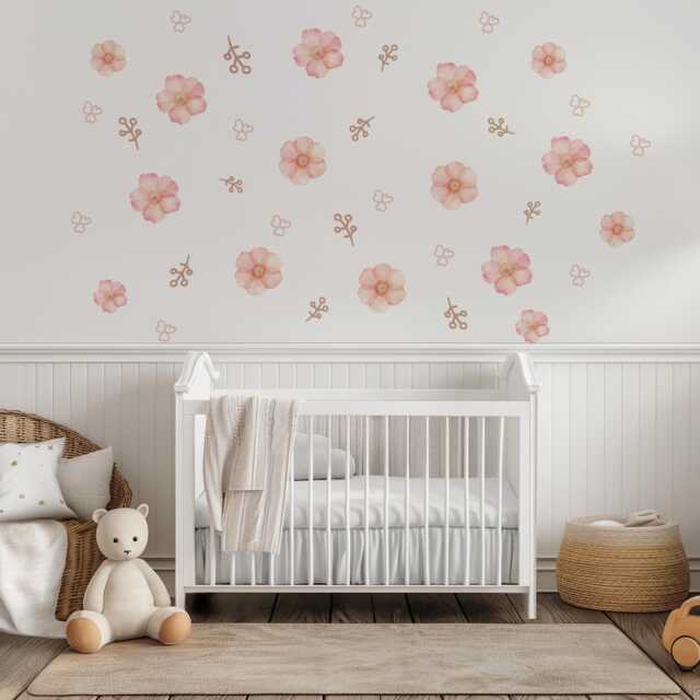 Pink Floral Wall Stickers For Girls Bedroom, Boho Nursery Decals, Flower Decor, Neutral Stickers, Peel & Stick Flowers - image 1