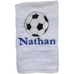 White Hand Towel Custom Embroidered With Large Soccer Ball & Personalized - Any Sport You Choose - thumbnail 3