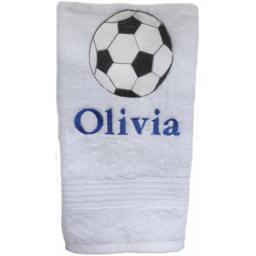White Hand Towel Custom Embroidered With Large Soccer Ball & Personalized - Any Sport You Choose - thumbnail 1