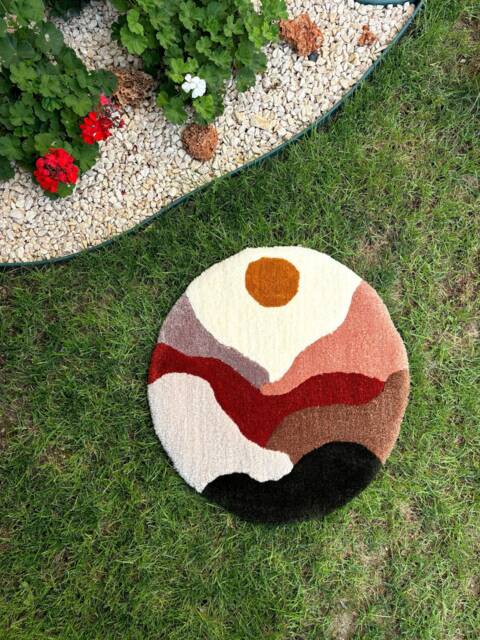 Mid Century Tufted Rug - Handmade Lanscape Cool Sunset Colorful Fluffy Circle Mountain Mat Modern Abstract - image 1