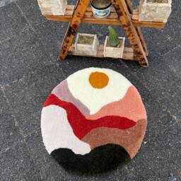 Mid Century Tufted Rug - Handmade Lanscape Cool Sunset Colorful Fluffy Circle Mountain Mat Modern Abstract - thumbnail 3