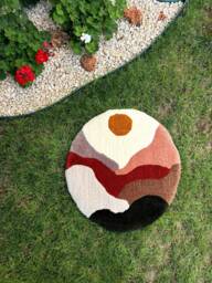 Mid Century Tufted Rug - Handmade Lanscape Cool Sunset Colorful Fluffy Circle Mountain Mat Modern Abstract - thumbnail 1