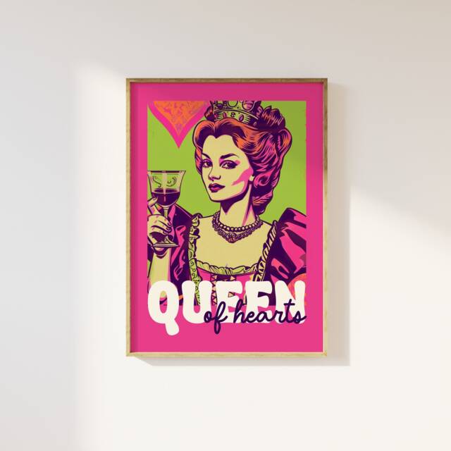 Funky Trendy Queen Of Hearts Playing Card Print - Pink Green Retro Aesthetic, Cool 90S Bedroom Decor, Wine, Maximalist - image 1