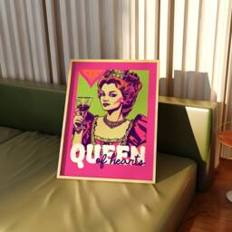 Funky Trendy Queen Of Hearts Playing Card Print - Pink Green Retro Aesthetic, Cool 90S Bedroom Decor, Wine, Maximalist - thumbnail 3