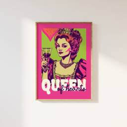 Funky Trendy Queen Of Hearts Playing Card Print - Pink Green Retro Aesthetic, Cool 90S Bedroom Decor, Wine, Maximalist - thumbnail 1
