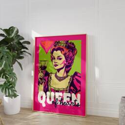 Funky Trendy Queen Of Hearts Playing Card Print - Pink Green Retro Aesthetic, Cool 90S Bedroom Decor, Wine, Maximalist - thumbnail 2