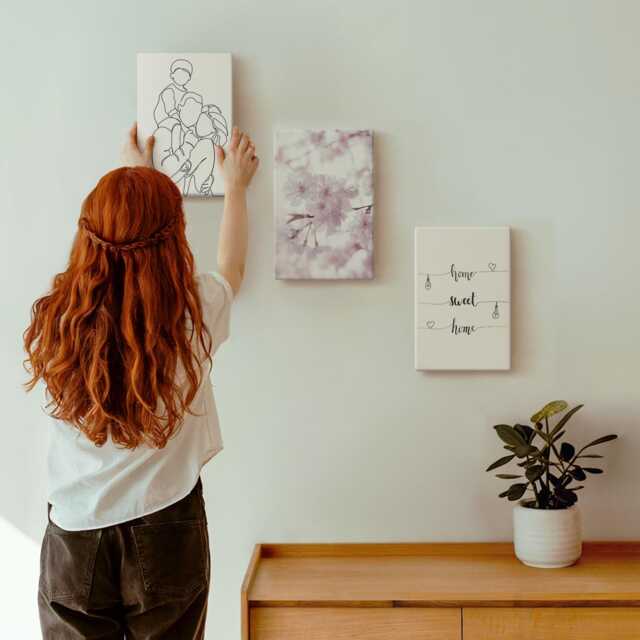 3 Piece Canvas Set - Flowers & Family in A Minimalist Design, Pink Large Wall Art, Sentences Hanging - image 1