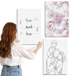 3 Piece Canvas Set - Flowers & Family in A Minimalist Design, Pink Large Wall Art, Sentences Hanging - thumbnail 3