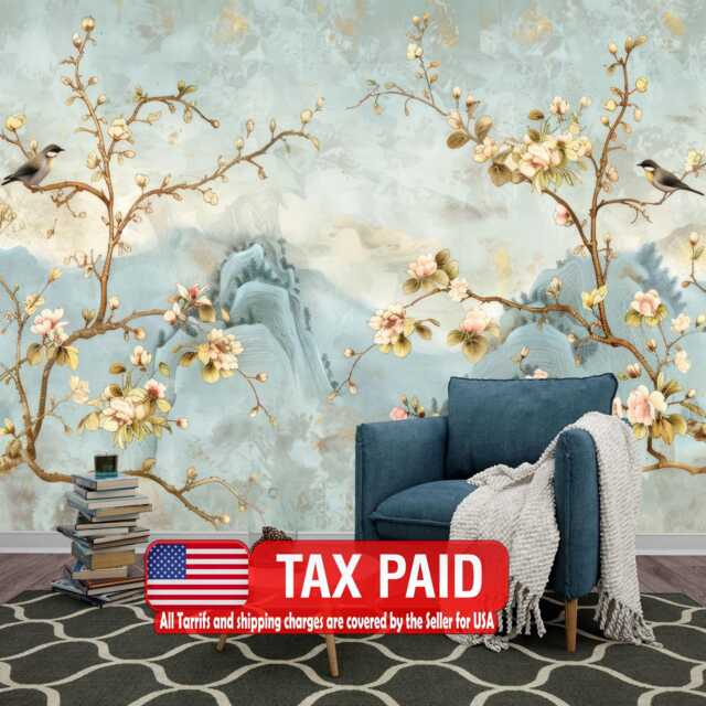 Chinoiserie Birds & Flowers Wallpaper Mural, Easy-Install Peel & Stick - image 1