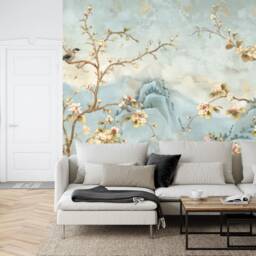 Chinoiserie Birds & Flowers Wallpaper Mural, Easy-Install Peel & Stick - thumbnail 2