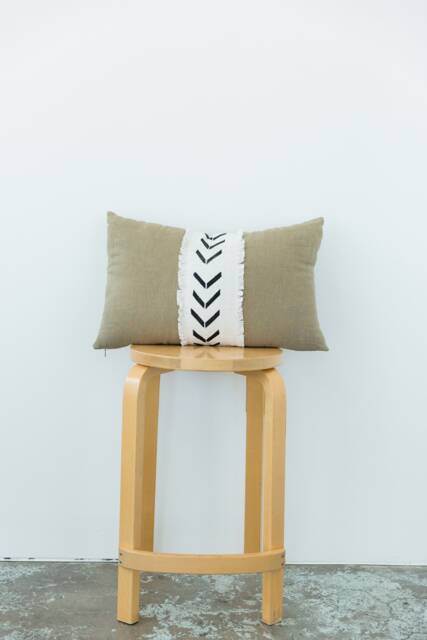 Fringed Mudcloth Pillow/Washed Linen /Boho African Stripe Pillow/Lumbar Pillow 22 X 14 Handmade - image 1