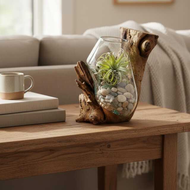 Hanging Molten Glass On Wood Vase Bowl Natural Home Decor - image 1