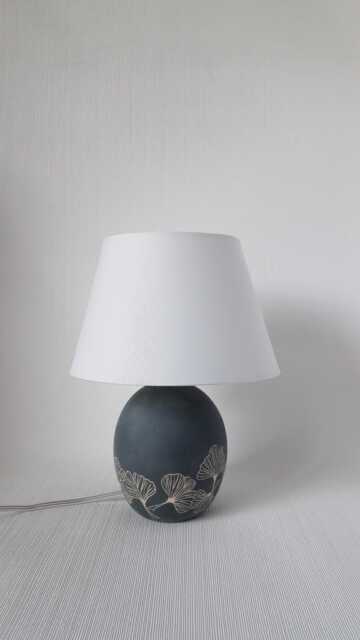 Handmade Ceramic Table Lamp, Grey With Ginko Decoration, Fabric Lampshade - image 1