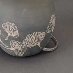 Handmade Ceramic Table Lamp, Grey With Ginko Decoration, Fabric Lampshade - thumbnail 4