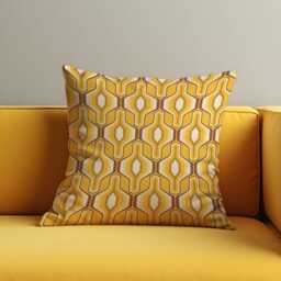 Retro Yellow Geometric Cushion Cover, 70S Mid Century Modern Hexagon Pattern Pillow Case, Farmhouse & Mod Decor Style Cover - thumbnail 1