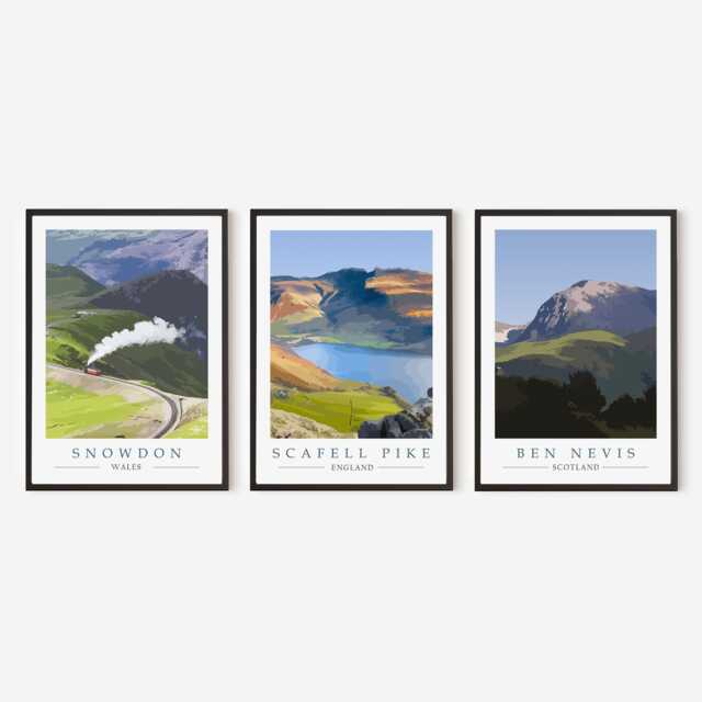 Set Of 3 Mountain Peak Art Prints - Snowdon, Scafell Pike & Ben Nevis. Hiking, Rambling, Hill Walking Gift. Peaks Challenge Travel Poster - image 1