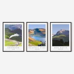 Set Of 3 Mountain Peak Art Prints - Snowdon, Scafell Pike & Ben Nevis. Hiking, Rambling, Hill Walking Gift. Peaks Challenge Travel Poster - thumbnail 1