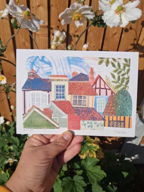 Rooftops Art Print Of Original Linocut Collage Lino Original Art Suffolk Sudbury Lavenham - image 1