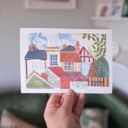 Rooftops Art Print Of Original Linocut Collage Lino Original Art Suffolk Sudbury Lavenham - thumbnail 2