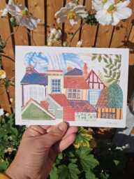 Rooftops Art Print Of Original Linocut Collage Lino Original Art Suffolk Sudbury Lavenham - thumbnail 1