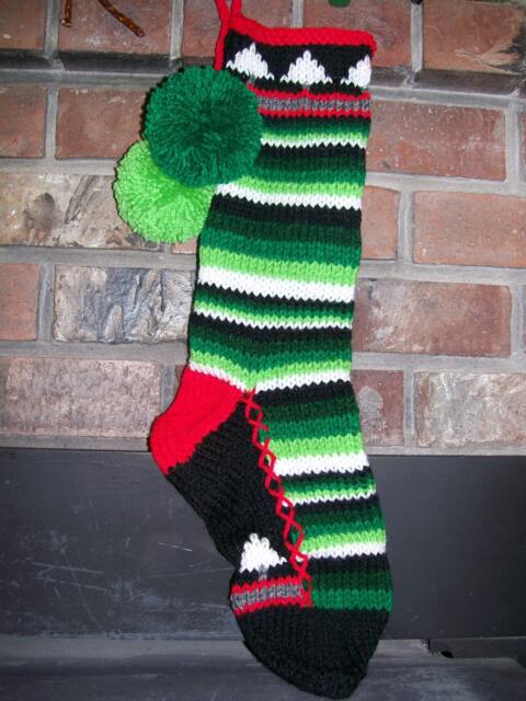 Hand Knit Christmas Stocking Red Green White Horizontal Stripe Fir Tree Detail By Santa's Works - image 1