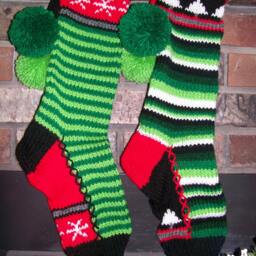 Hand Knit Christmas Stocking Red Green White Horizontal Stripe Fir Tree Detail By Santa's Works - thumbnail 2