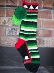 Hand Knit Christmas Stocking Red Green White Horizontal Stripe Fir Tree Detail By Santa's Works - thumbnail 1