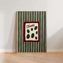 Striped Kitchen Wall Art, Mid Century Modern Print, Green Stripes Olives Prints, Retro Art - thumbnail 1