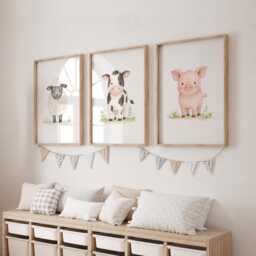 Farmyard Nursery Print Set Of 3 - Farm Animal Room Decor, Kids Bedroom Wall Art
