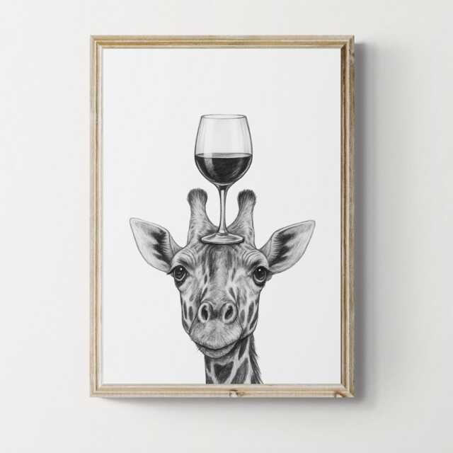 Giraffe Art Print, Funny Animal & Wine Drawing, Lover Wall Decor, Lovers Gifts - image 1