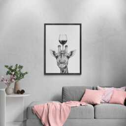 Giraffe Art Print, Funny Animal & Wine Drawing, Lover Wall Decor, Lovers Gifts - thumbnail 3