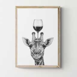 Giraffe Art Print, Funny Animal & Wine Drawing, Lover Wall Decor, Lovers Gifts - thumbnail 1